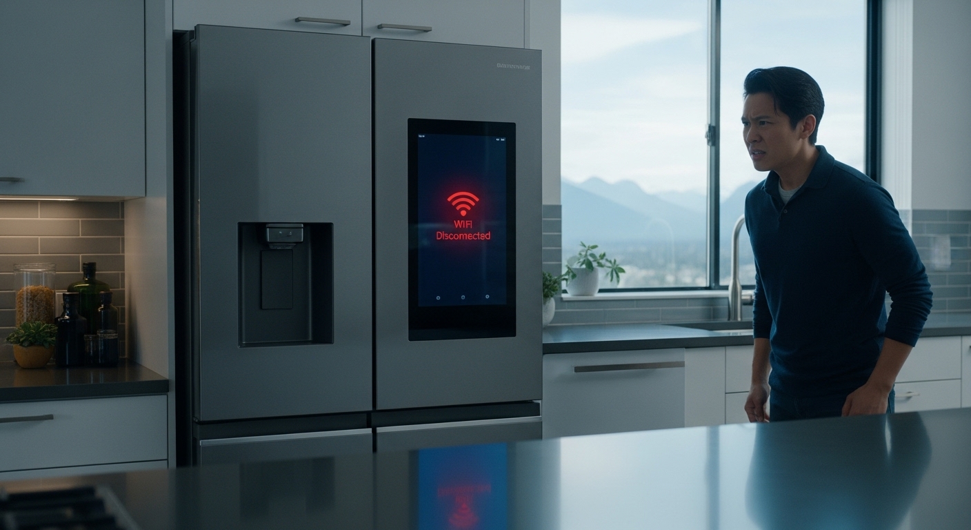 A frustrated homeowner looks at their malfunctioning smart refrigerator with an error message on the screen.