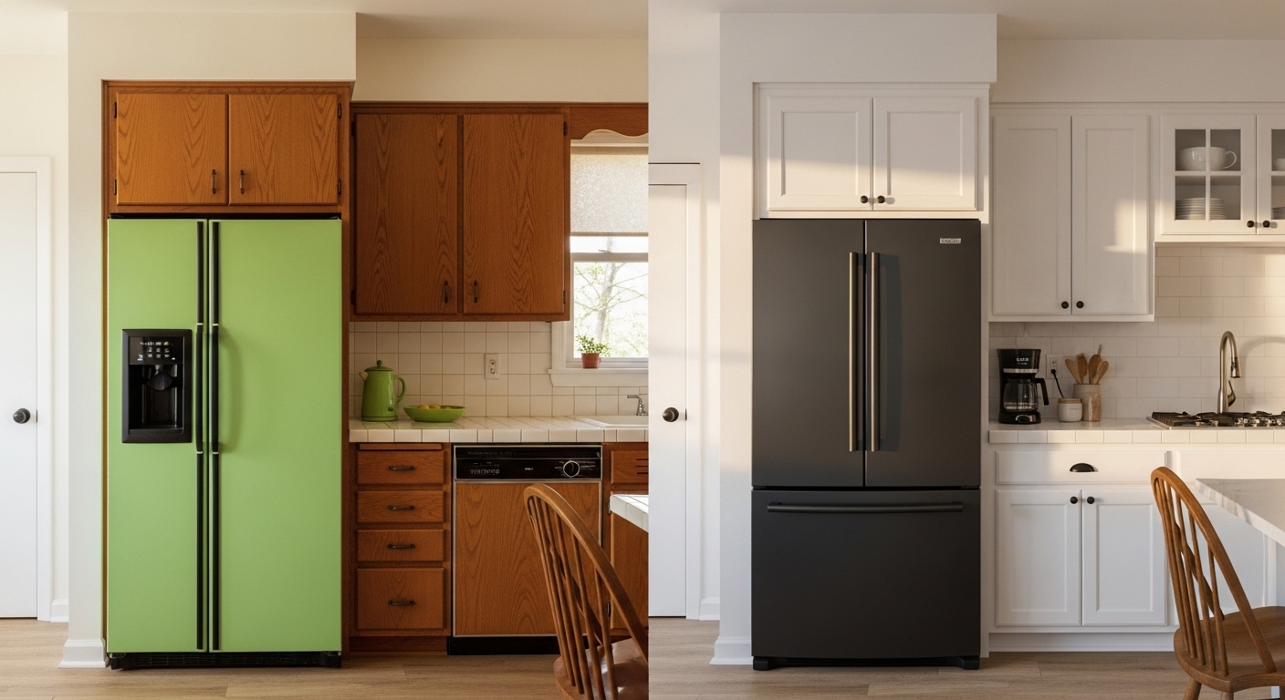 A side-by-side before and after image showing a dated kitchen transformed with renovated appliances into a modern space.