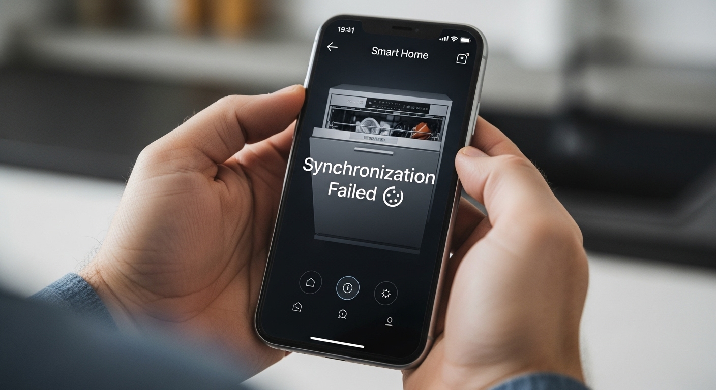 A close-up of a smartphone screen showing a smart appliance app with a synchronization failure error message.