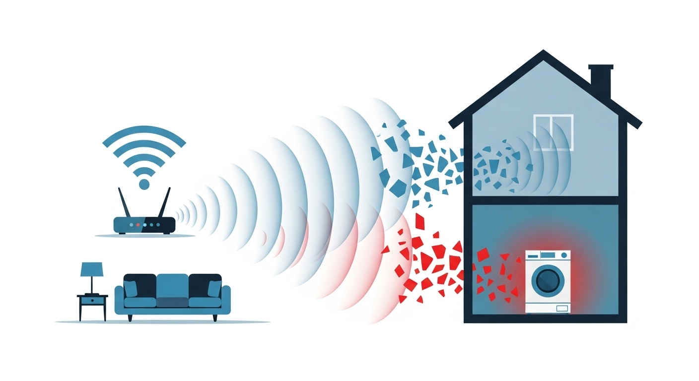 An illustration depicting weak WiFi signal reaching various smart home appliances like a fridge, washer, and oven.