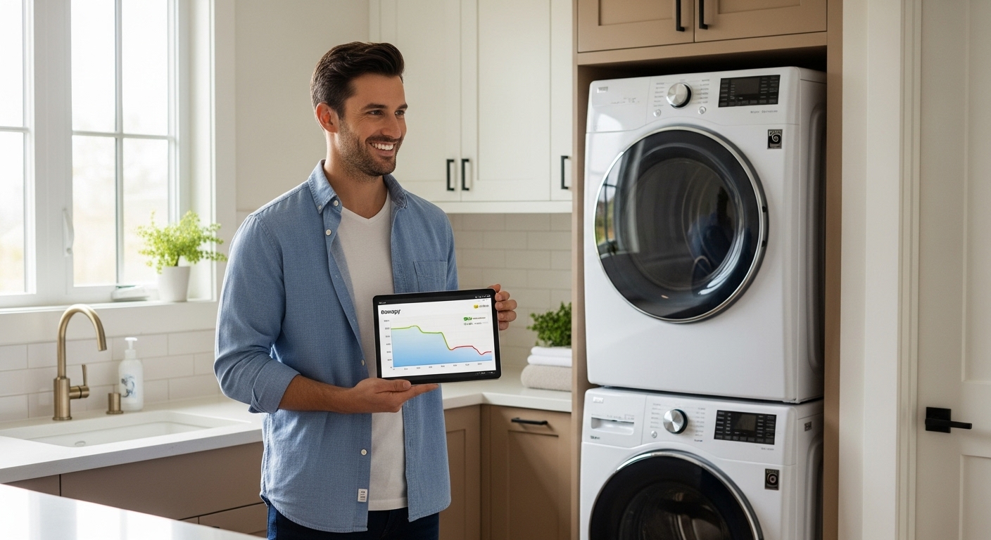 Happy Burnaby homeowner checking energy savings on a tablet