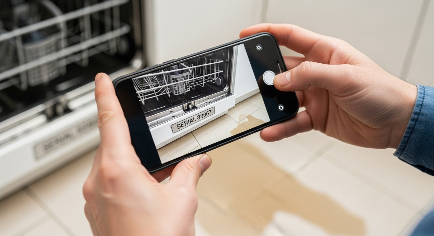Homeowner documenting appliance damage with smartphone