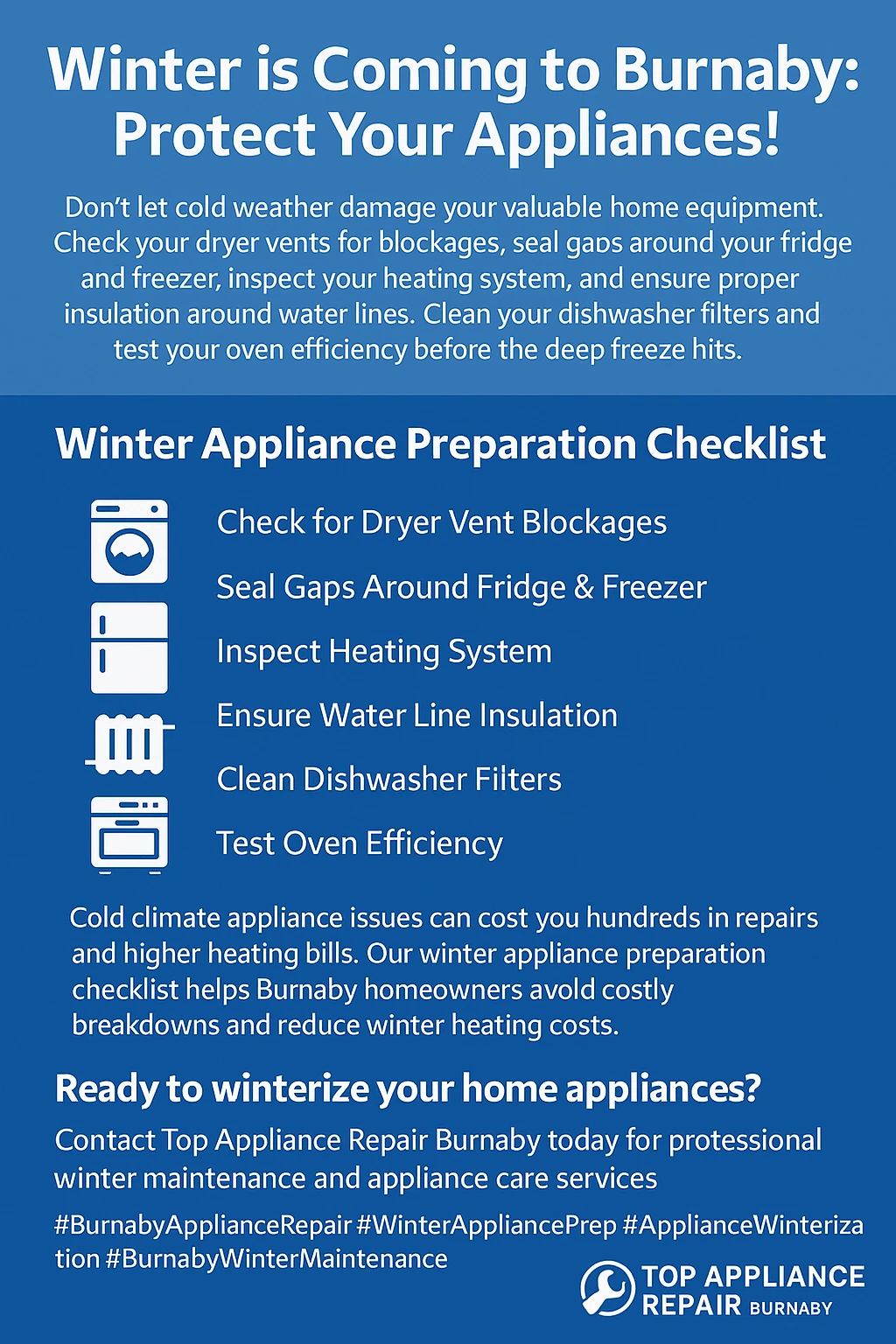 Winter appliance preparation Burnaby key takeaways infographic