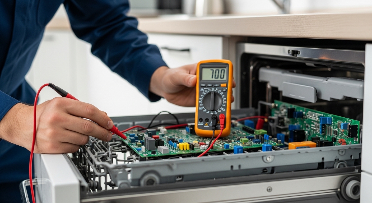 appliance repair technician testing dishwasher