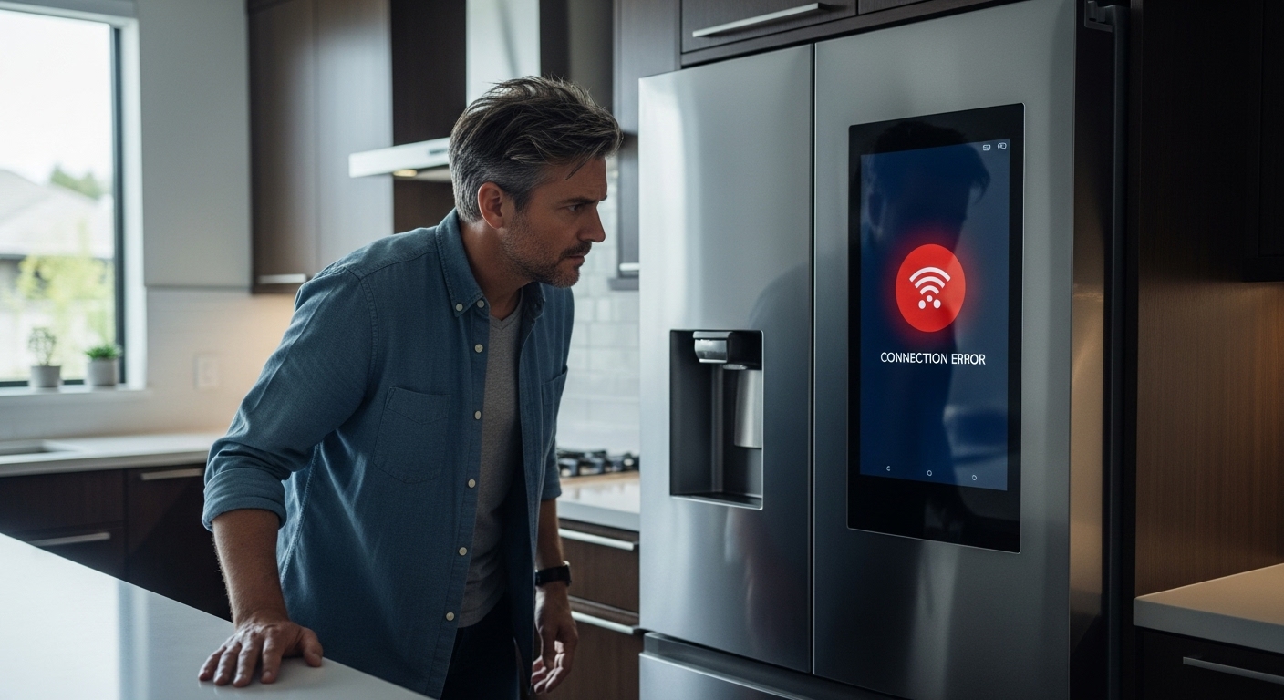 Frustrated homeowner dealing with smart fridge error in Burnaby