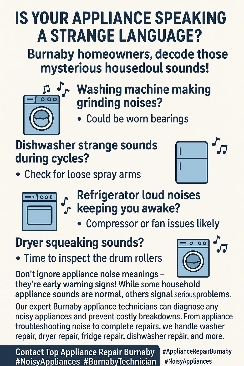 Key takeaways infographic for appliance noise diagnosis in Burnaby
