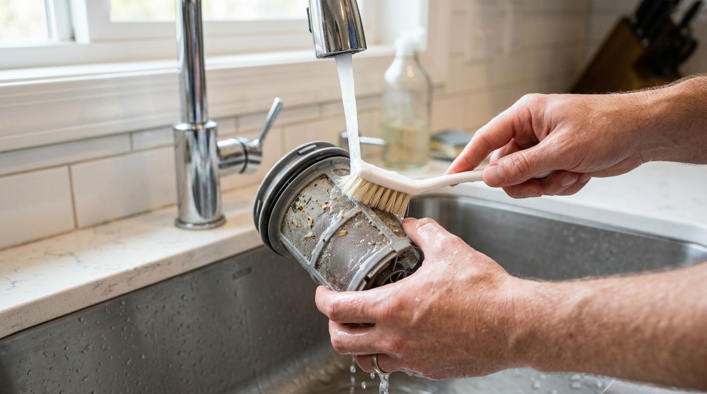 Cleaning dishwasher filter in sink