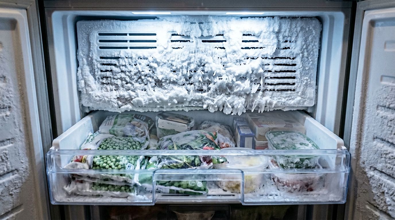Freezer frost buildup indicating defrost system failure