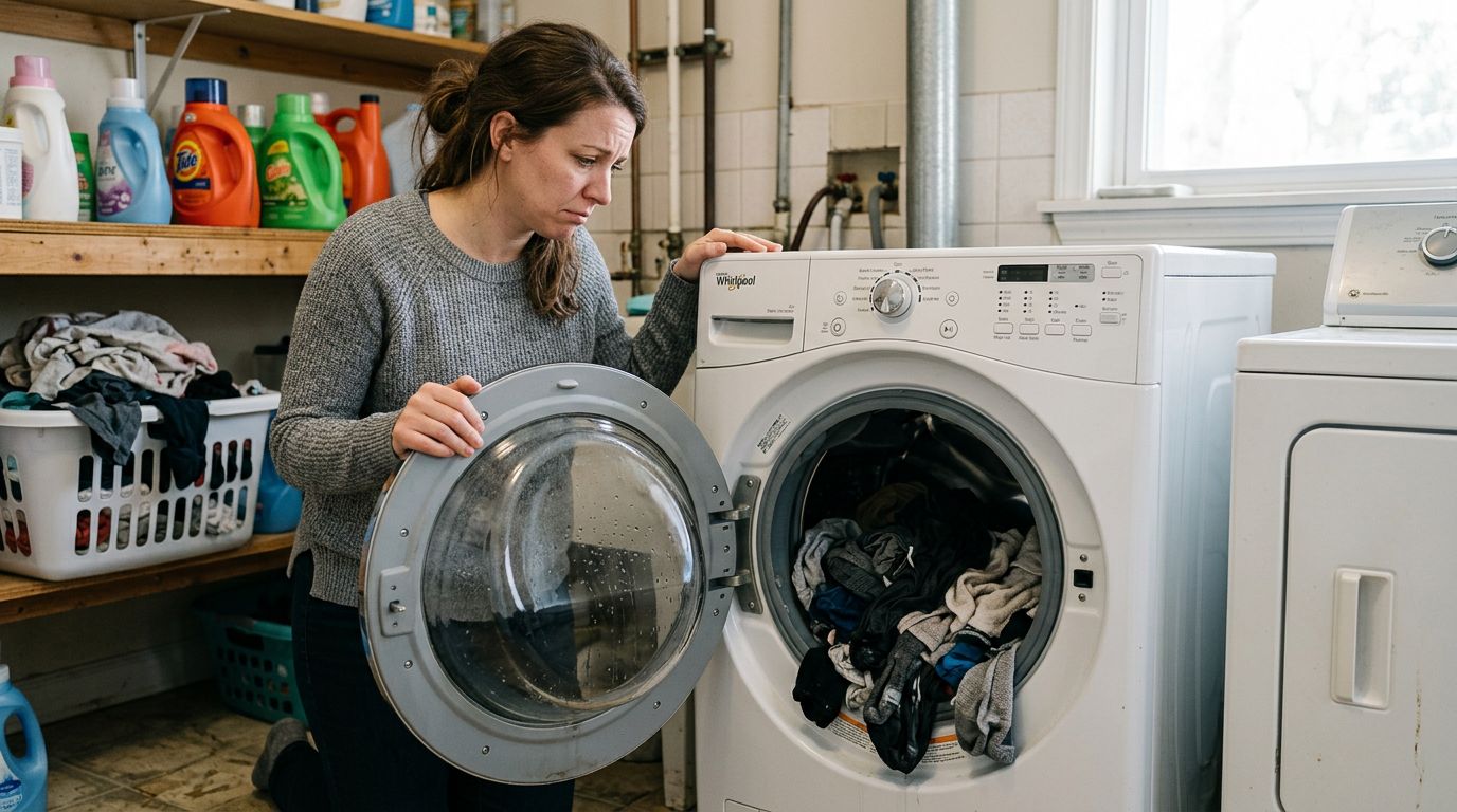 Frustrated homeowner with wet laundry and a washing machine that won't spin