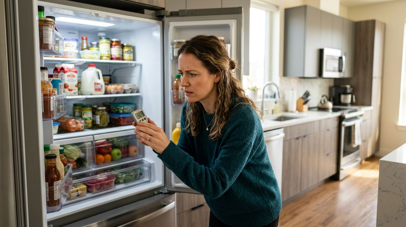 Homeowner troubleshooting a warm refrigerator
