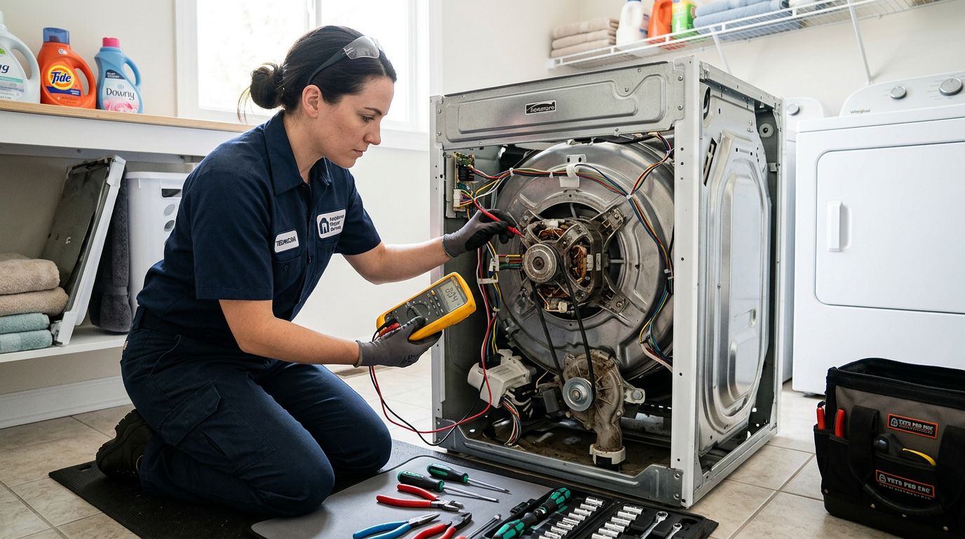Professional washer repair technician servicing a machine in Burnaby