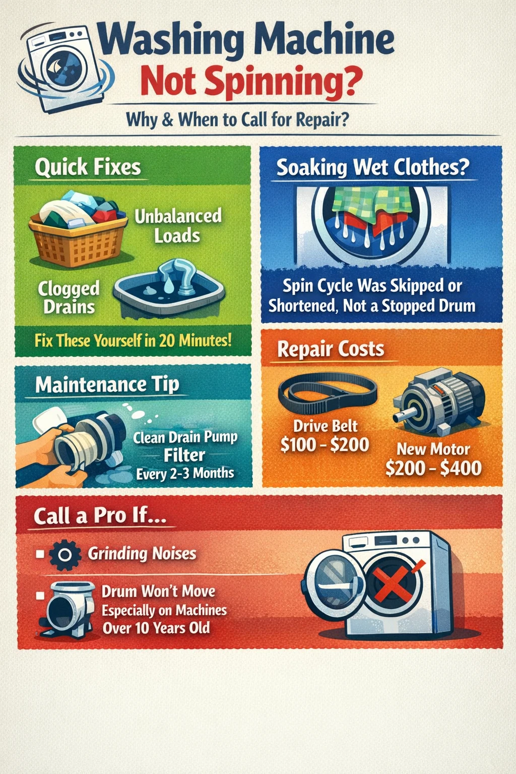 Washing machine not spinning troubleshooting infographic